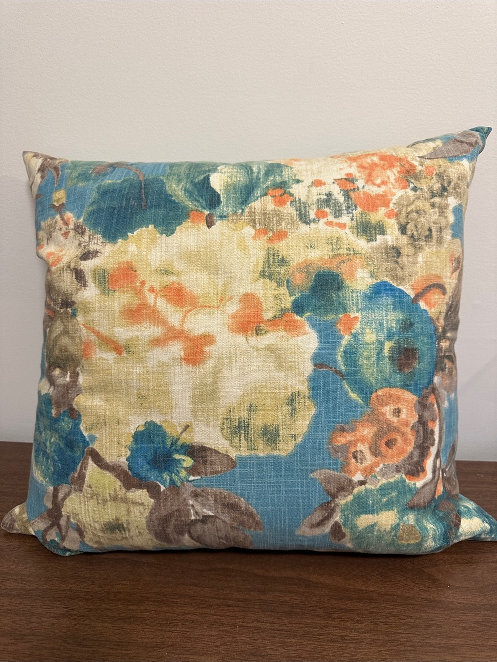 Floral Decorative Throw Pillow in Blue, Cream & Orange